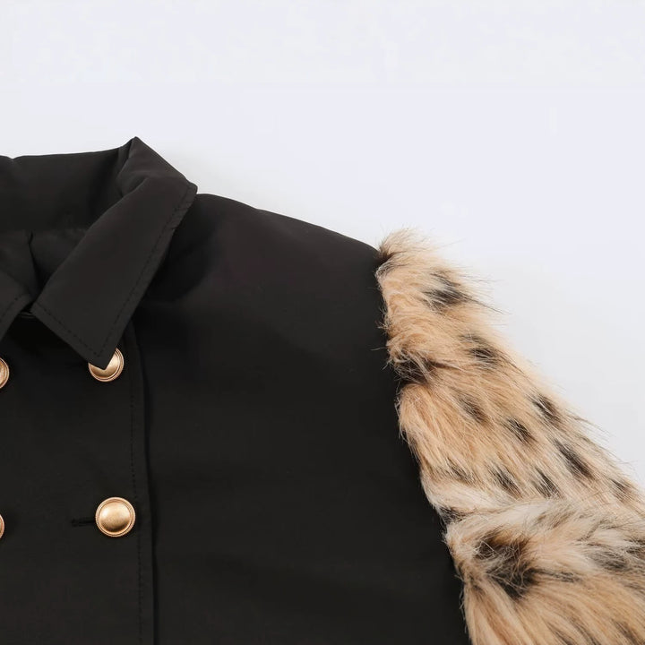 Women's Double-Breasted Short Jacket with Faux Fur Sleeves Mune Fashion
