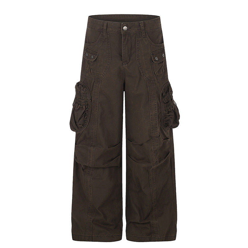 Women's wide utility cargo pants with gathered side pockets and decorative seams Mune Fashion
