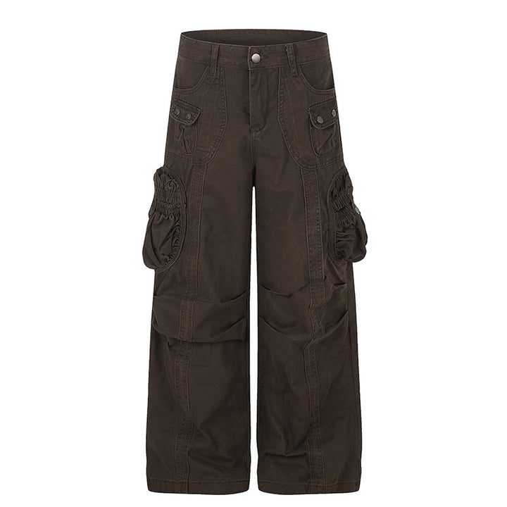 Women's wide utility cargo pants with gathered side pockets and decorative seams Mune Fashion