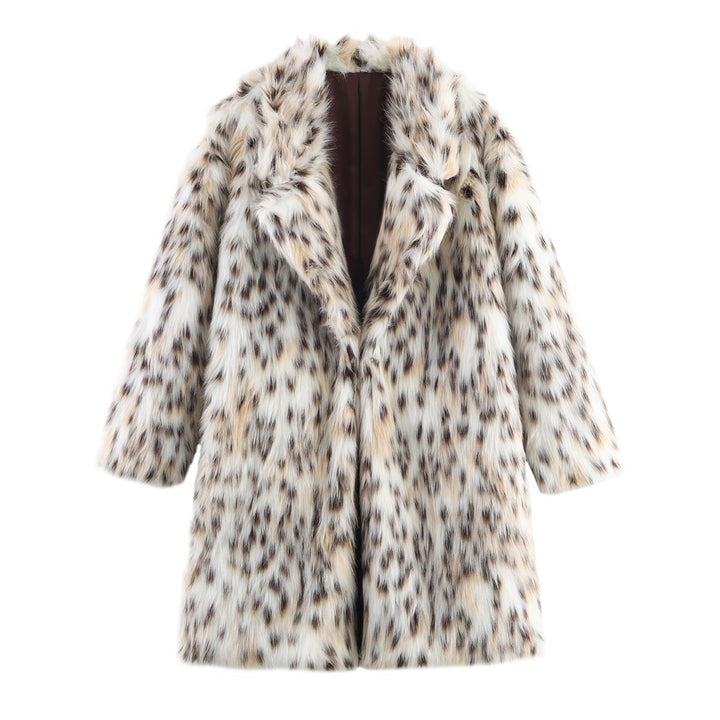 Women's midi coat made of faux fur with leopard print, oversized fit and shawl collar Mune Fashion