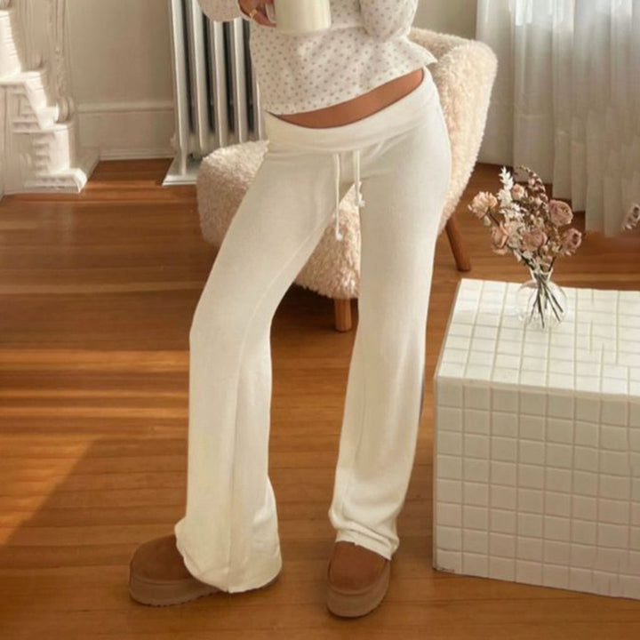 Women's soft high-waist lounge pants made of cotton blend with elastic comfort waistband, drawstring, and straight leg Mune Fashion