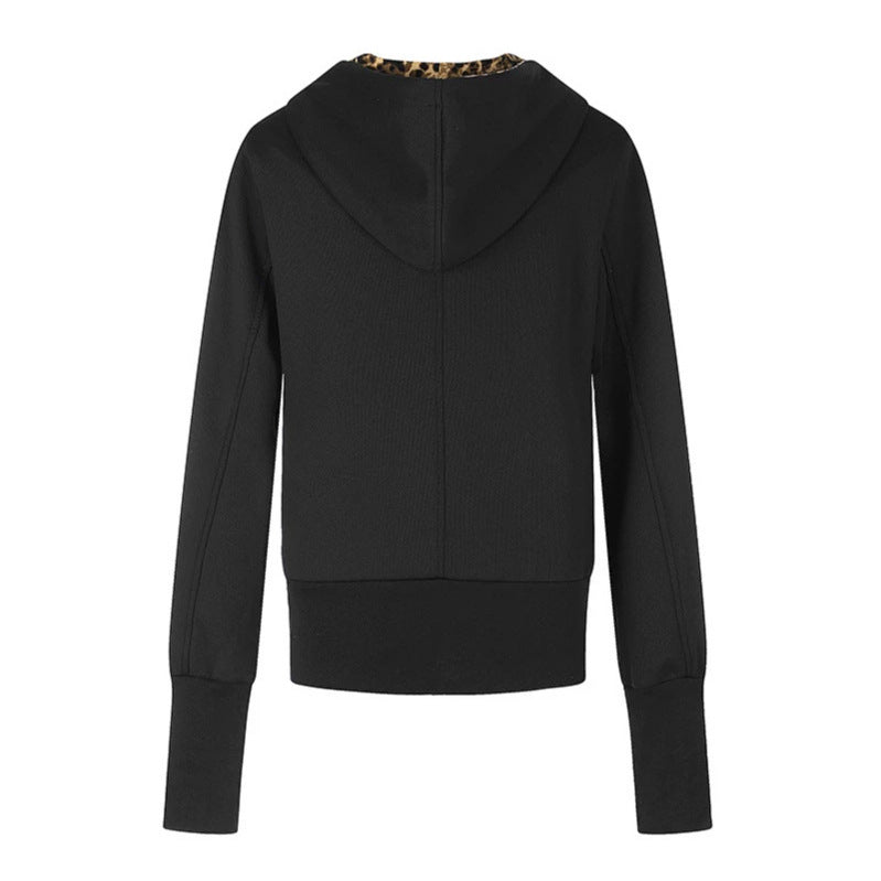 Women's Hooded Sweat Jacket with Full Zip, Gathered Front and Leopard Hood Lining Mune Fashion