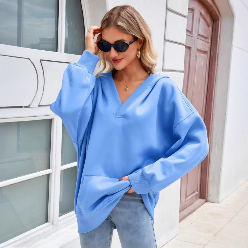 Women's Oversized V-Neck Hoodie with Hood, Kangaroo Pocket and Extended Hem Mune Fashion