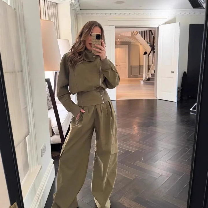 Women 50+ asymmetrical utility bomber jacket with funnel neck and wide ribbed waistband Mune Fashion