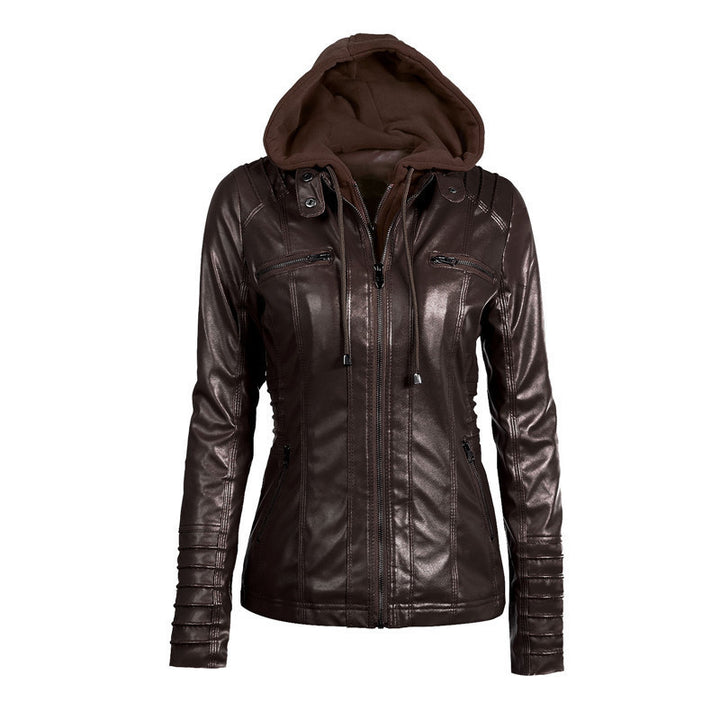 Women's Slim-Fit Faux Leather Jacket with Hood, Padded Sleeves and Zipper Pockets Mune Fashion