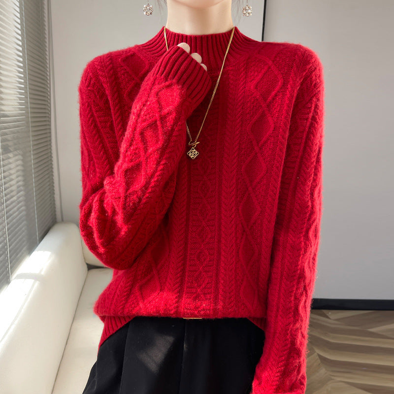 Women Cozy Mohair-Optic Mock Neck Sweater with Diamond Cable Structure and Boxy Silhouette Mune Fashion