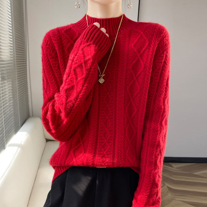 Women Cozy Mohair-Optic Mock Neck Sweater with Diamond Cable Structure and Boxy Silhouette Mune Fashion