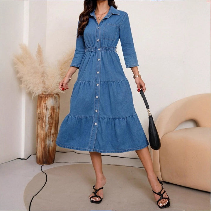 Women's button-down shirt dress made of denim with a waist-defining elastic band, button placket & tiered skirt Mune Fashion