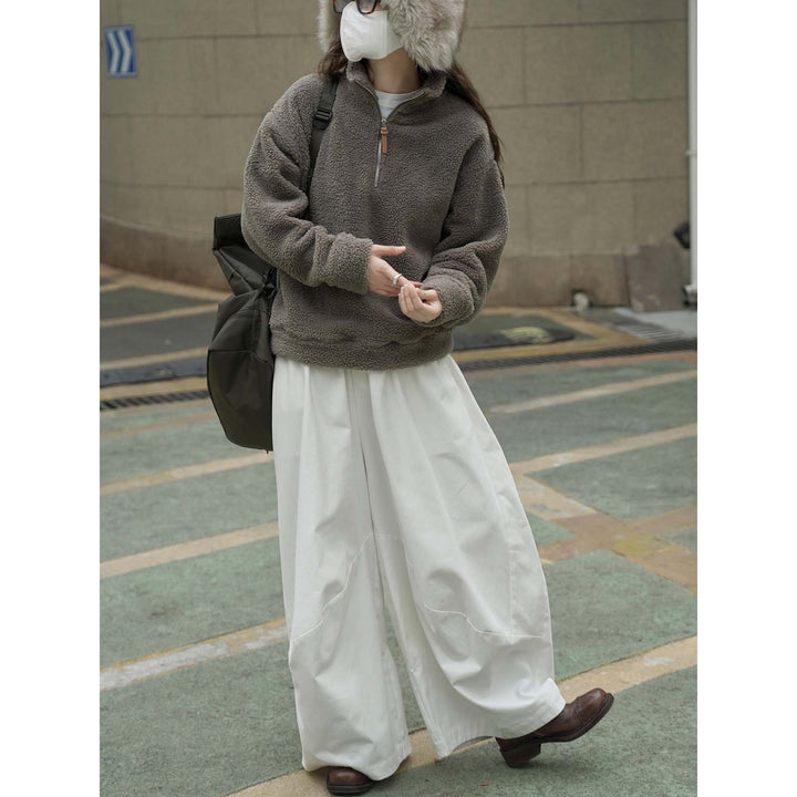 Women's Cozy Sherpa Half-Zip Pullover with Stand-Up Collar Mune Fashion