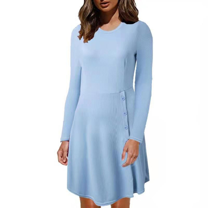 Women's Ribbed A-Line Dress with Round Neckline, Long Sleeves and Side Button Placket Mune Fashion