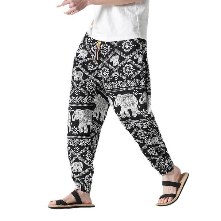 Unisex casual Boho harem pants with elephant pattern, elastic waistband and cuffs Mune Fashion