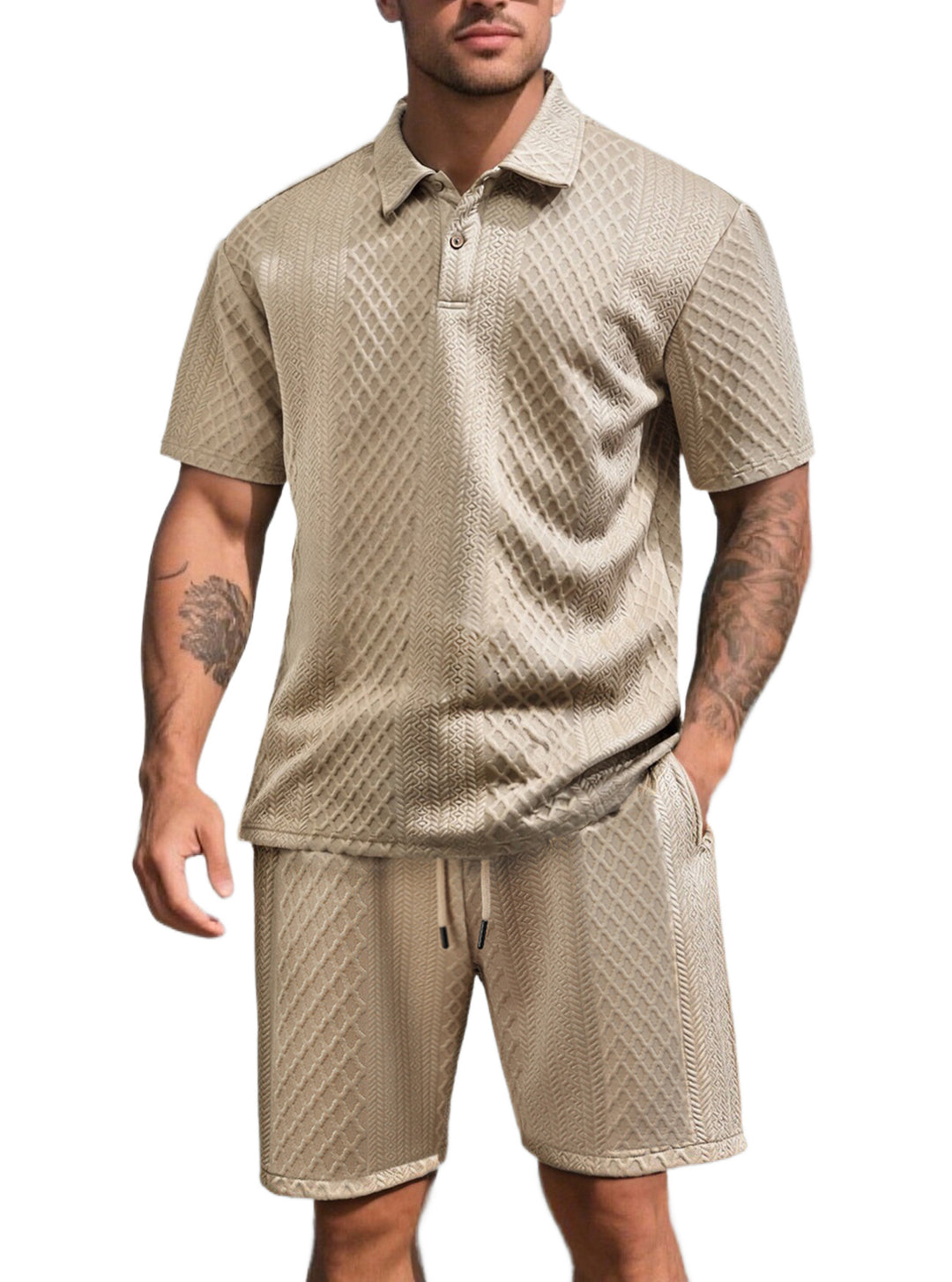 Men's three-dimensional relief leisure set with polo collar, concealed button placket and elastic drawstring shorts Mune Fashion