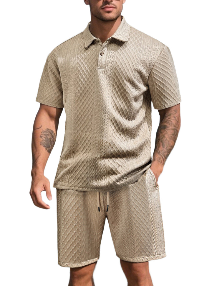 Men's three-dimensional relief leisure set with polo collar, concealed button placket and elastic drawstring shorts Mune Fashion