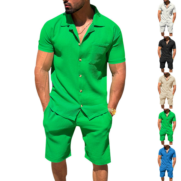 Men's casual two-piece leisure set made of ribbed jersey with shirt collar button placket and shorts Mune Fashion