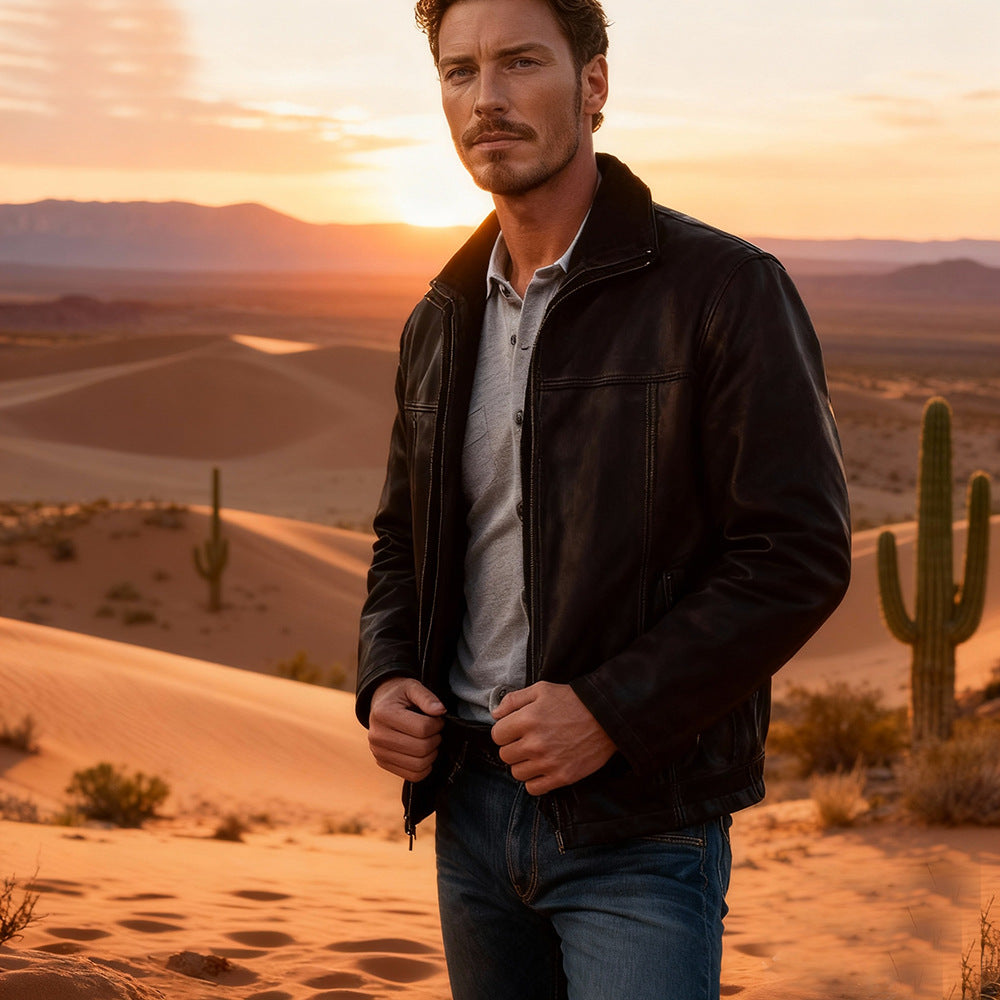 Men's Short Suede Field Jacket with Stand-Up Collar, Concealed Zipper, and Distinctive Decorative Seams Mune Fashion