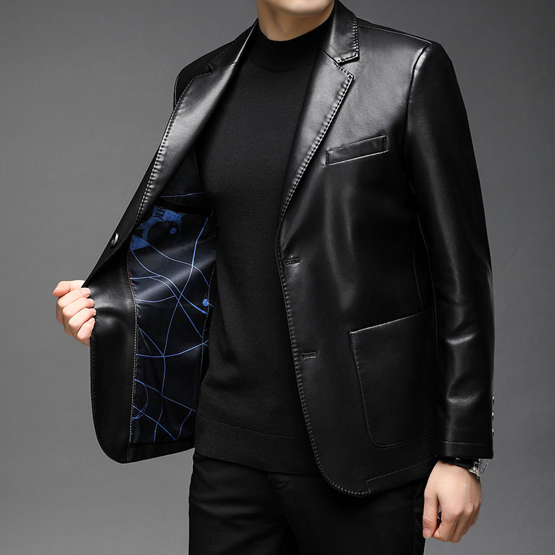 Men's Elegant Faux Leather Blazer in Tailored Fit with Lapel Collar and Flap Pockets Mune Fashion