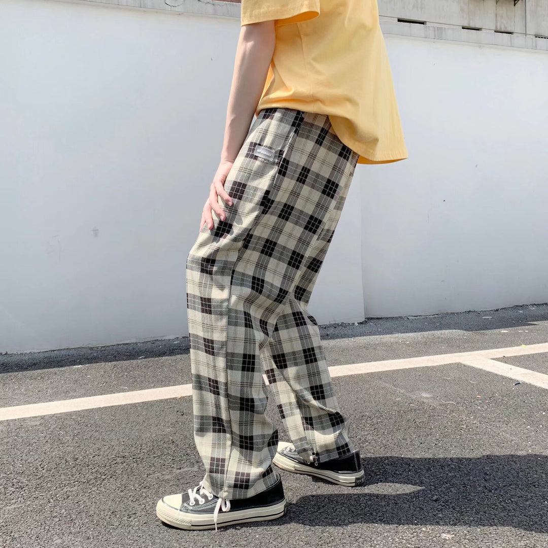 Men's Checkered Relaxed-Fit Pants with Drawstring and Straight Leg Mune Fashion