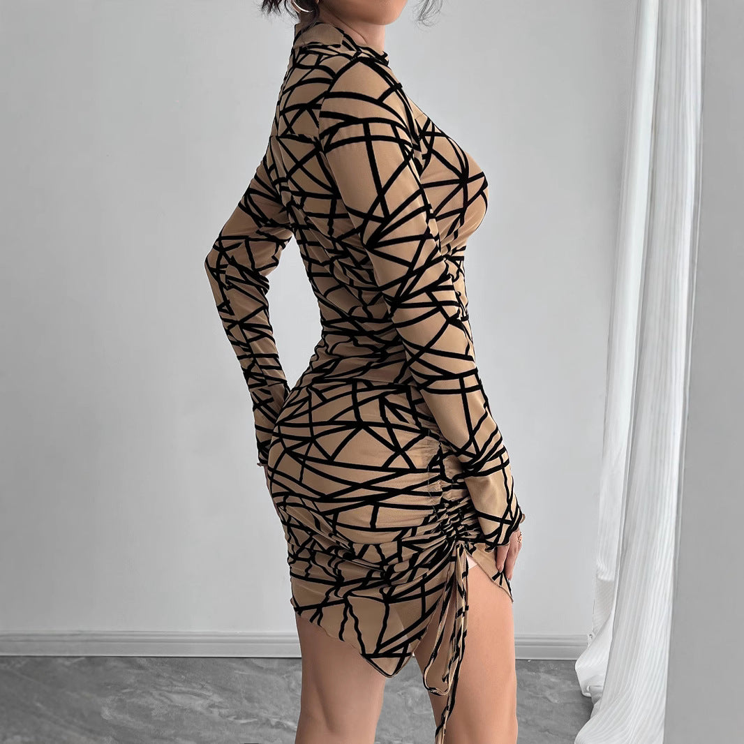 Women’s form-fitting transparent long-sleeve mini dress with turtleneck and side gathering Mune Fashion