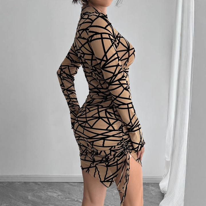 Women’s form-fitting transparent long-sleeve mini dress with turtleneck and side gathering Mune Fashion