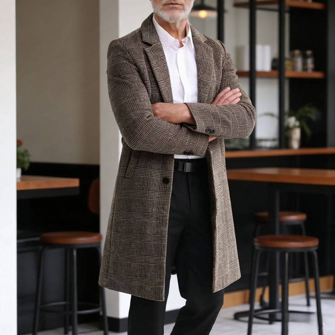 Men's wool blend coat in glen check with a slim long silhouette Mune Fashion