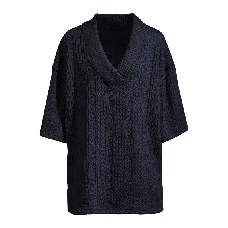Women's Oversized Short Sleeve Knit Sweater with Deep V-Neck and Cable Knit Pattern Mune Fashion