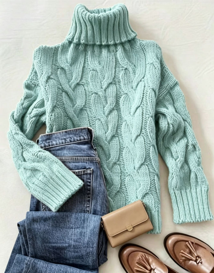Women's chunky knit turtleneck sweater with distinctive cable patterns and ribbed cuffs Mune Fashion