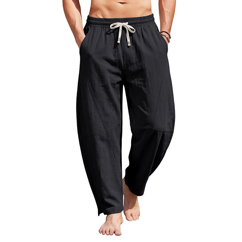 Men's ankle-length casual trousers made of linen blend with elastic drawstring waistband and side slits.