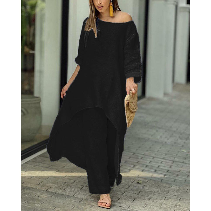Women Lightweight Linen Two-Piece with Asymmetrical High-Low Tunic and Wide Palazzo Pants Mune Fashion