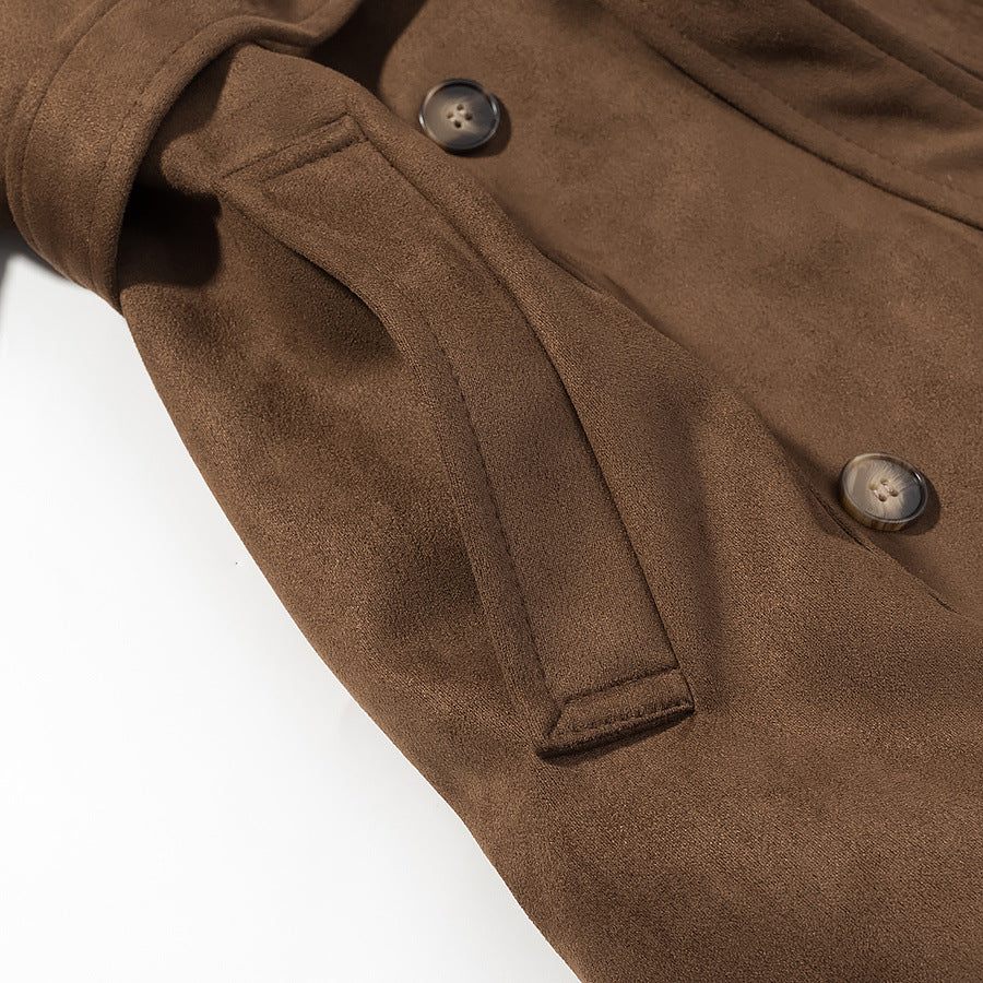 Women's short trench-style coat with double-breasted button placket, tie belt, and wide lapels Mune Fashion