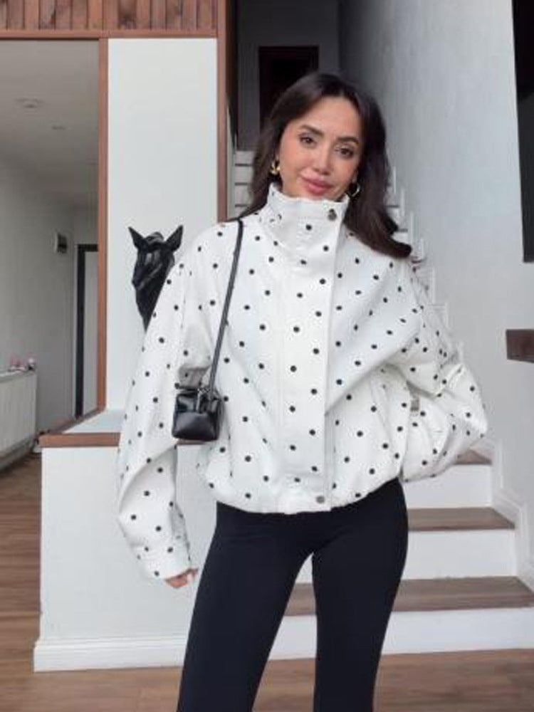 Women's Oversize Blouson with Stand-Up Collar and Polka Dot Print Mune Fashion