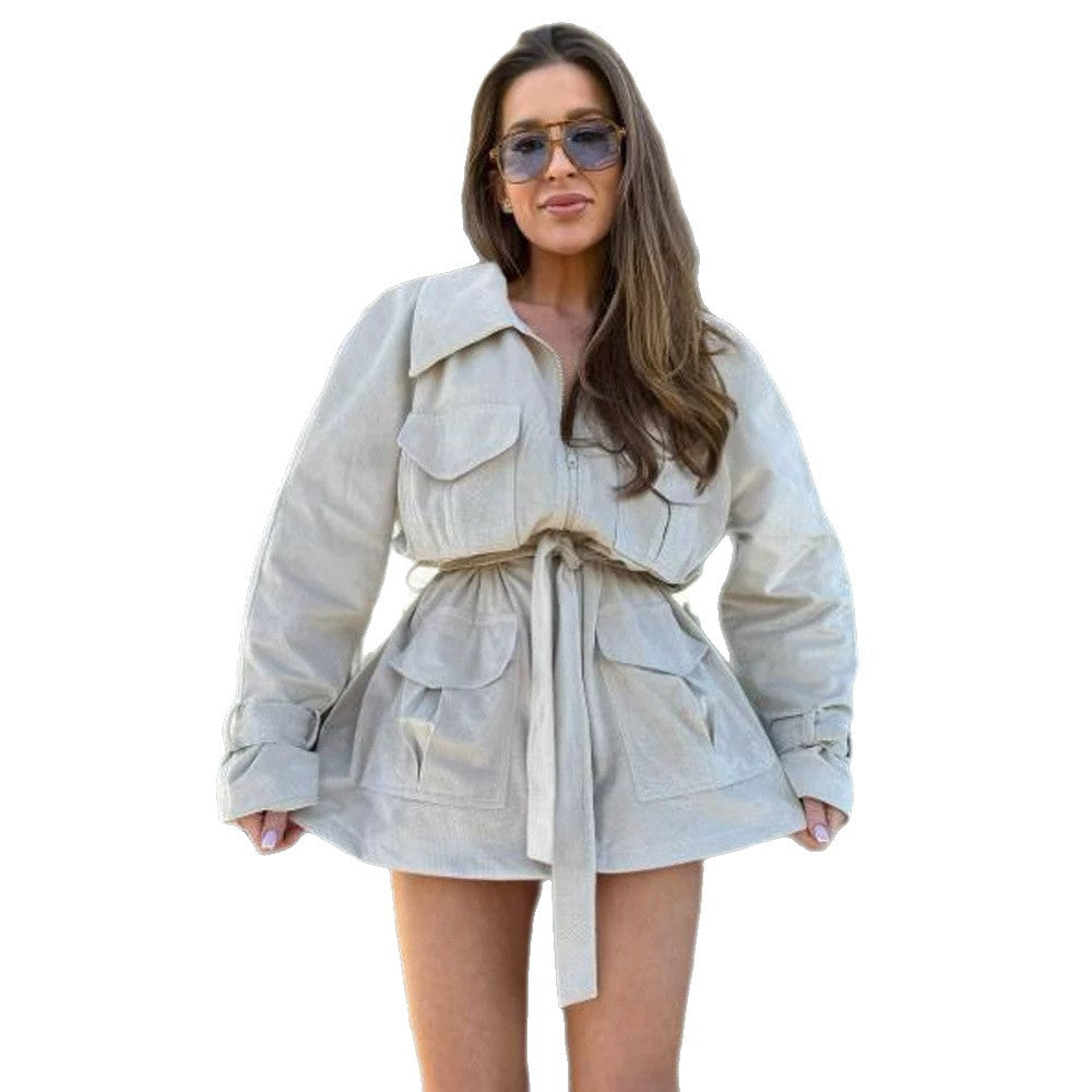 Ladies short jacket in utility shacket style with waist drawstring Mune Fashion