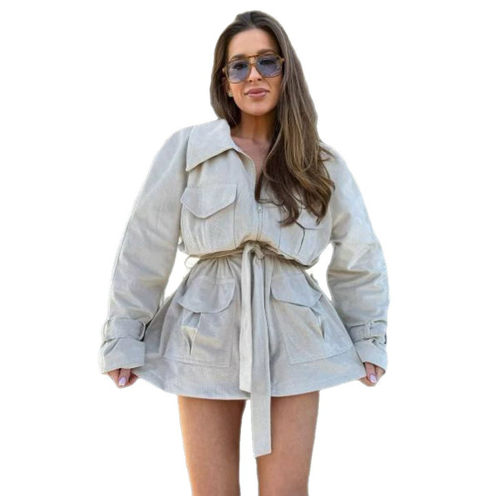 Ladies short jacket in utility shacket style with waist drawstring Mune Fashion