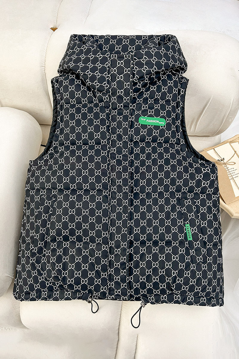 Women's quilted hooded vest with all-over logo print, padded insulation, adjustable hem, and concealed zip pockets Mune Fashion