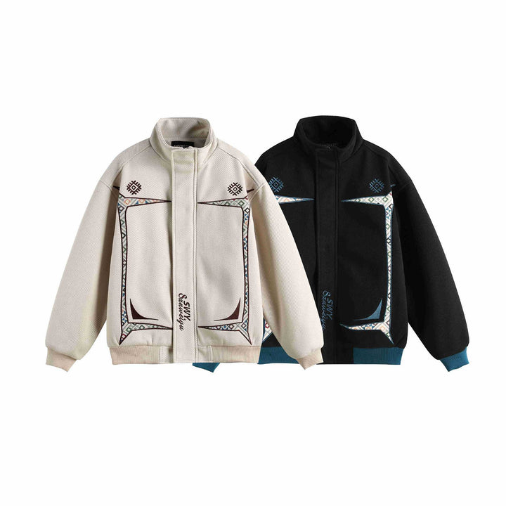 Women Lightweight Stand Collar Jacket with Folk Embroidery Appliqués and Ribbed Cuffs Mune Fashion