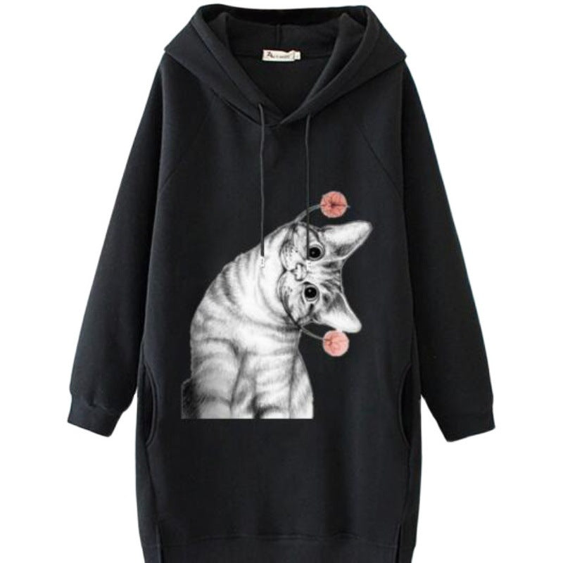 Ladies Oversize Hooded Dress made of Sweat Fabric with Large Cat Print and Side Pockets Mune Fashion