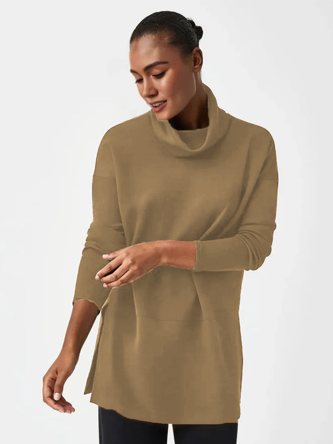 Women's Cozy Funnel Neck Tunic Sweater with Oversized Cut and Side Slits Mune Fashion