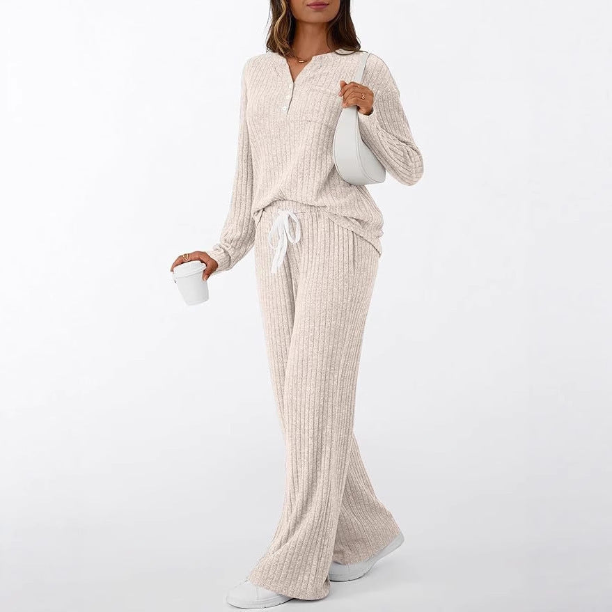 Women Ribbed Knit Lounge Set with Button Placket and Wide Drawstring Pants Mune Fashion