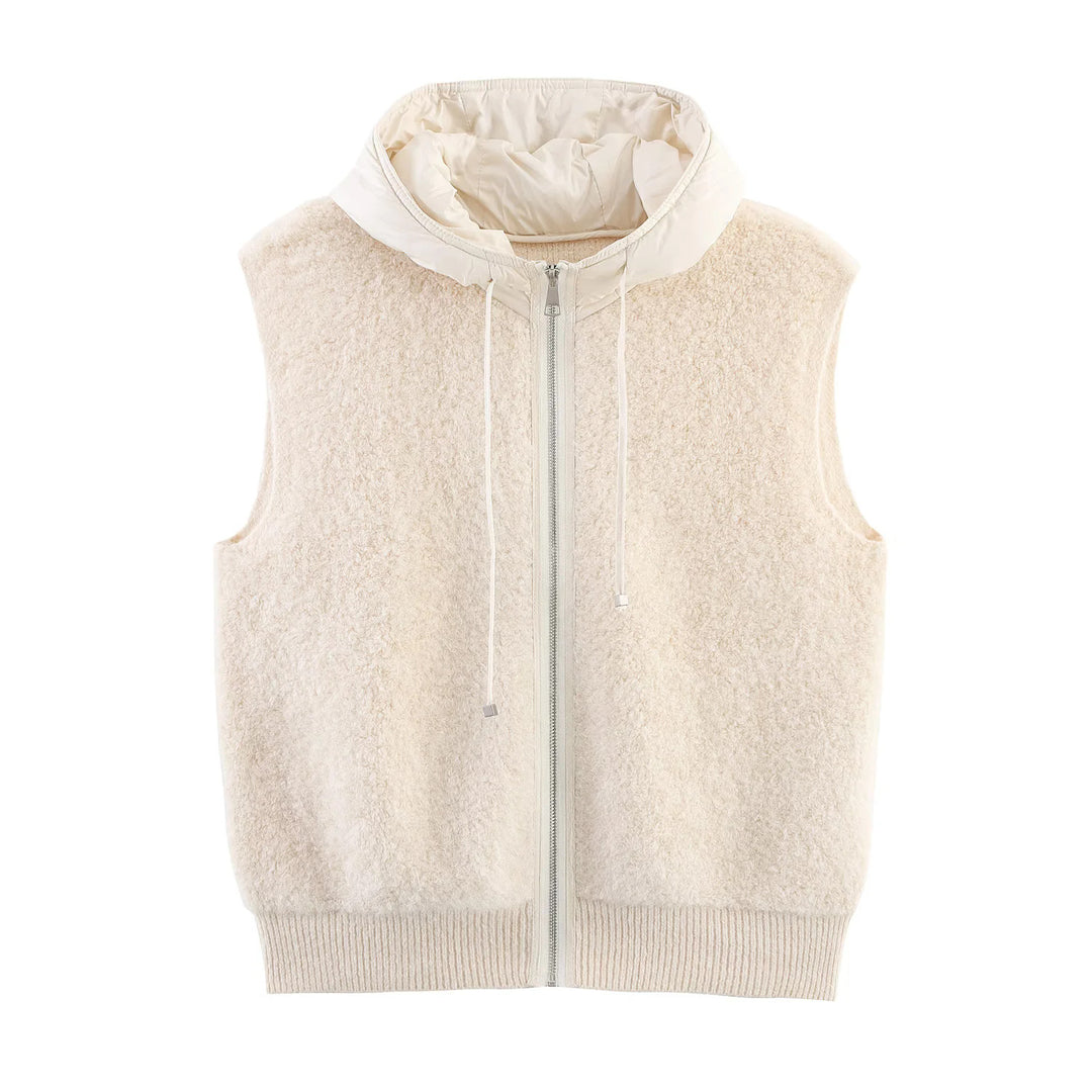 Women's Sleeveless Boucle Vest with Zipper, Padded Hood and Ribbed Hem Mune Fashion