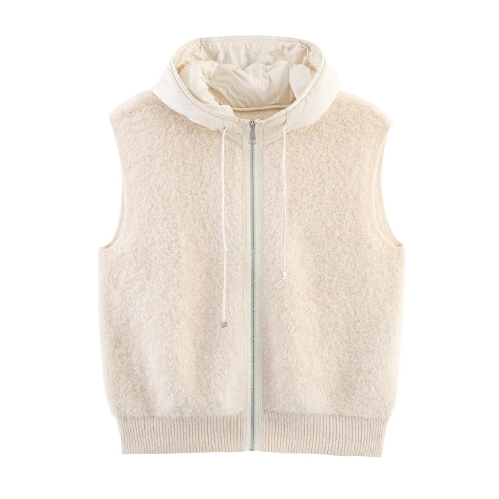Women's Sleeveless Boucle Vest with Zipper, Padded Hood and Ribbed Hem Mune Fashion