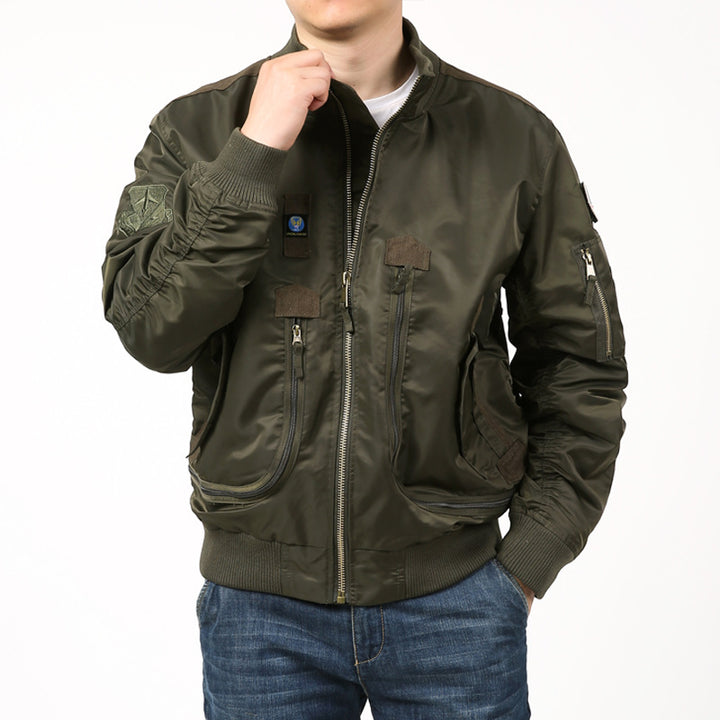 Men's Pilot Bomber Jacket with Utility Arm Pocket, Zipper Front and Ribbed Cuffs Mune Fashion