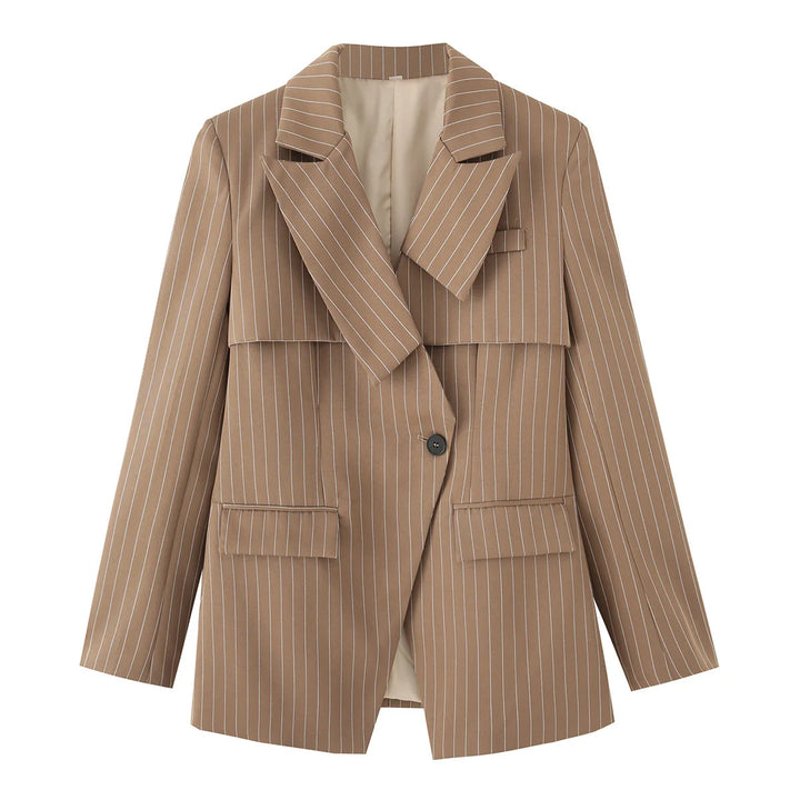 Women's striped oversized blazer with asymmetrical shawl collar overlay and flap pockets Mune Fashion