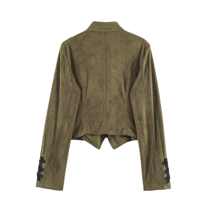 Women's short jacket in faux suede with decorative knot details and stand-up collar Drune
