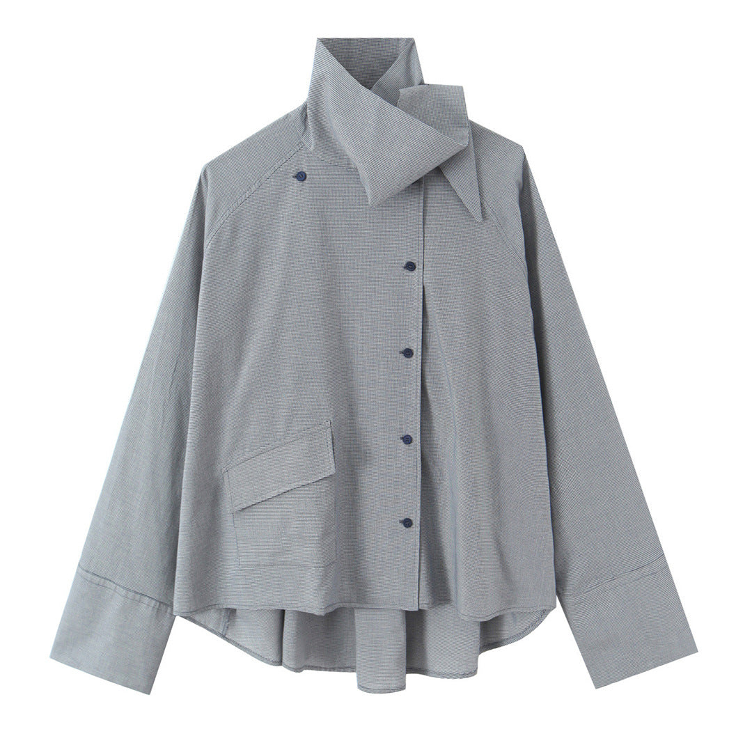 Women's oversized blouse with high shawl collar and asymmetrical button placket Mune Fashion