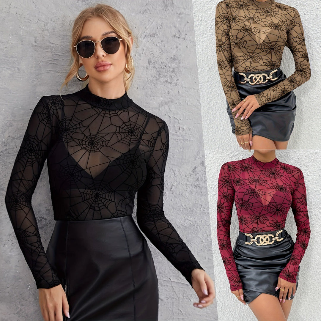 Women's transparent mesh top with spider web pattern and stand-up collar Mune Fashion
