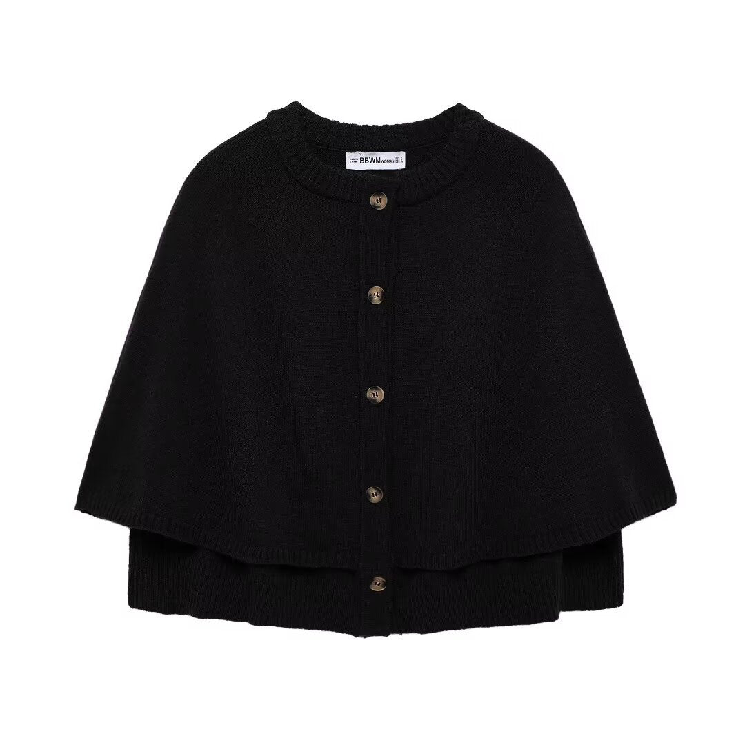Women Cape Cardigan with Button Placket and Two-Layer Cape Mune Fashion
