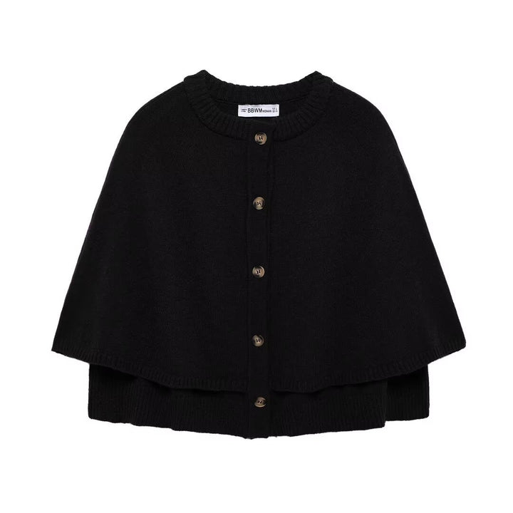 Women Cape Cardigan with Button Placket and Two-Layer Cape Mune Fashion