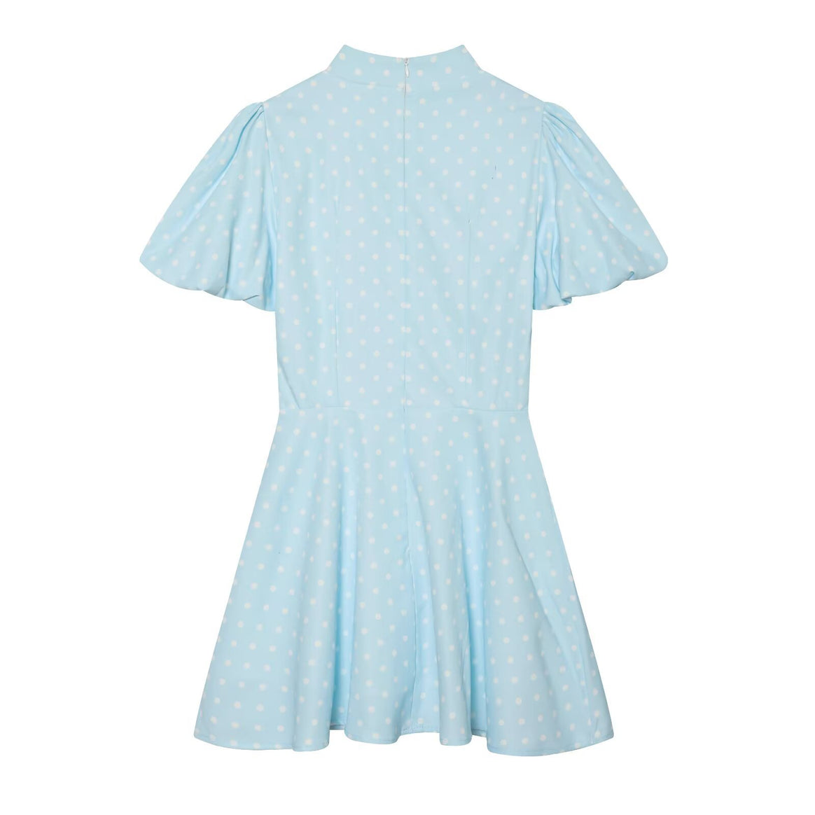 Women's Polka Dot A-Line Dress with Stand Collar, Tailoring and Balloon Sleeves Mune Fashion