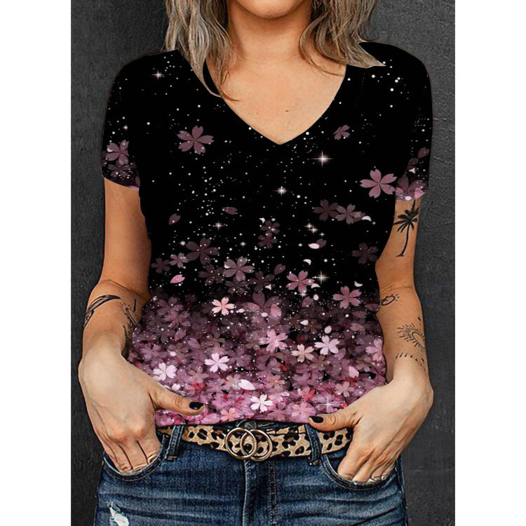 Women's V-neck T-shirt with floral overlay design Mune Fashion