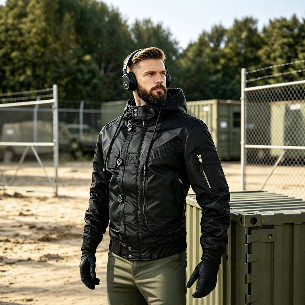Men's Military-Inspired Hooded Bomber Jacket with Utility Pockets Mune Fashion