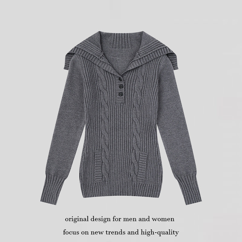 Women's knit sweater with cable pattern, shawl collar and button placket Mune Fashion
